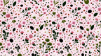Modern ditsy floral pattern with pink and white wildflowers and abstract terrazzo specks on light pink.