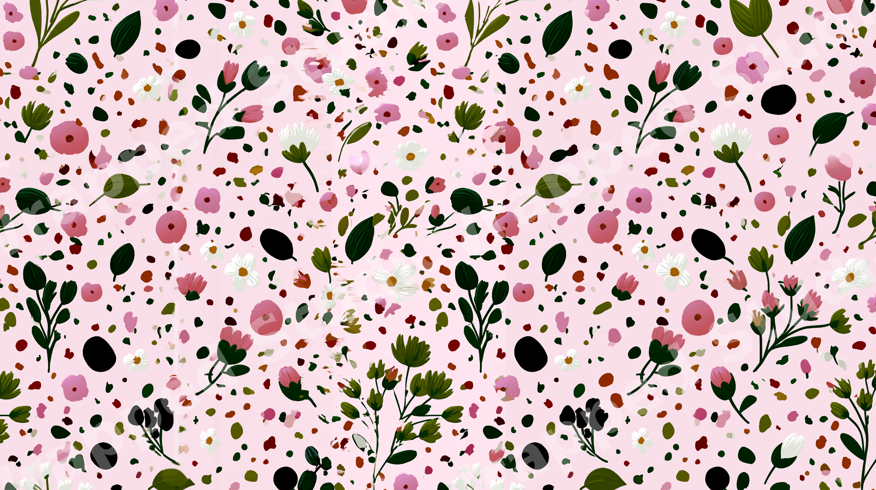 Modern ditsy floral pattern with pink and white wildflowers and abstract terrazzo specks on light pink.