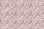 Ditsy floral pattern with tiny pink flowers, green leaves, and delicate speckled details on a soft pink background.