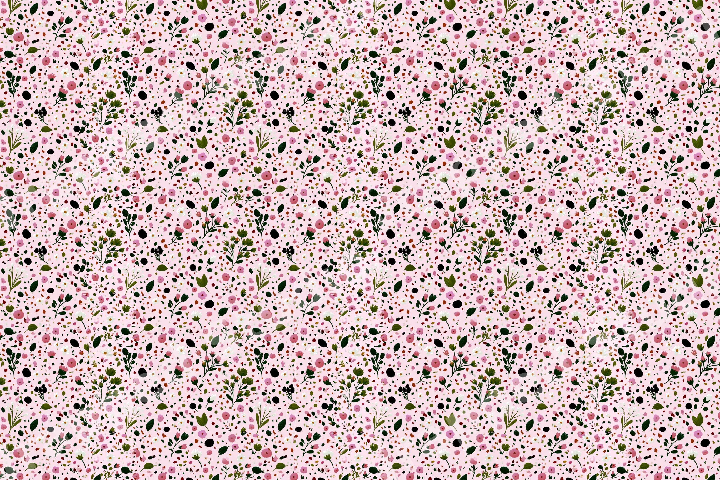 Ditsy floral pattern with tiny pink flowers, green leaves, and delicate speckled details on a soft pink background.