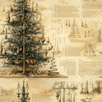 Vintage Christmas tree blueprint pattern with sepia Da Vinci style technical sketches.