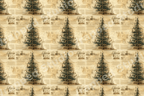 Vintage Christmas tree patent blueprint pattern featuring green trees and antique sketches on sepia paper.