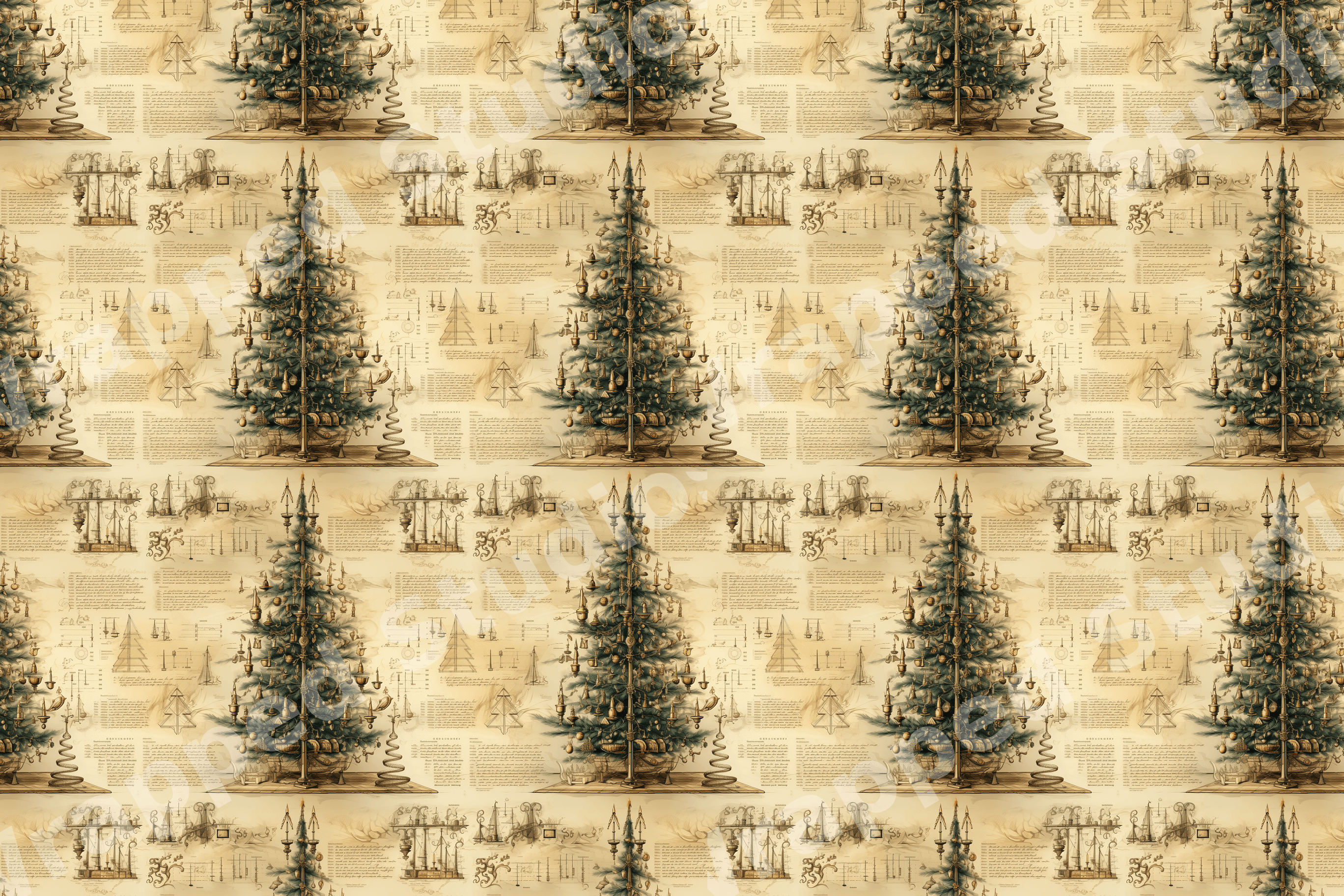 Vintage Christmas tree patent blueprint pattern featuring green trees and antique sketches on sepia paper.