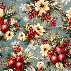 Vintage Christmas floral pattern with red berries, cream flowers, and pine branches on a blue background.
