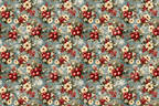 Vintage Christmas botanical pattern with red berries, cream flowers, and pine needles on a dusty blue background.