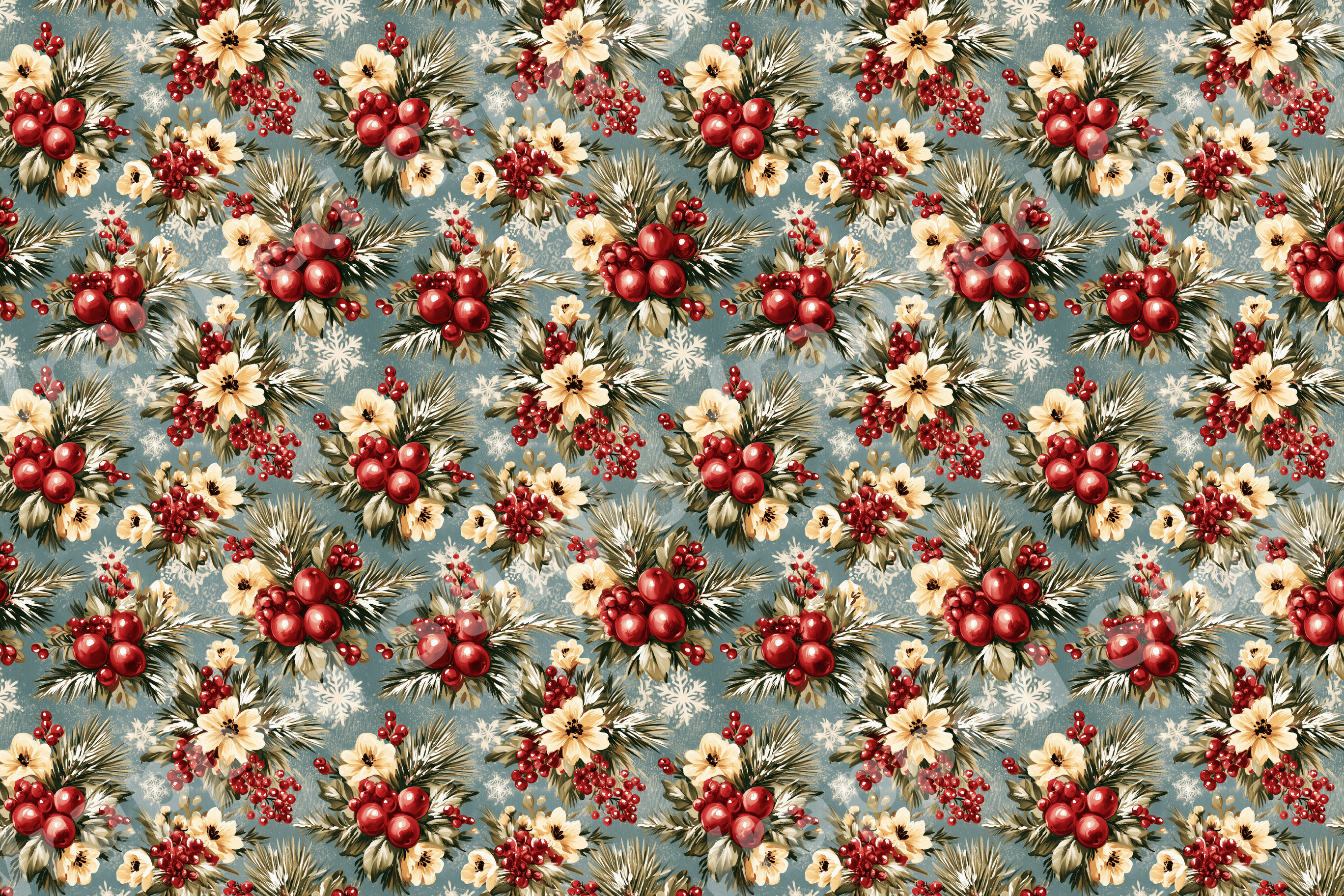 Vintage Christmas botanical pattern with red berries, cream flowers, and pine needles on a dusty blue background.