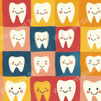 Playful pattern with smiling teeth on colorful squares in shades of red, blue, and yellow.