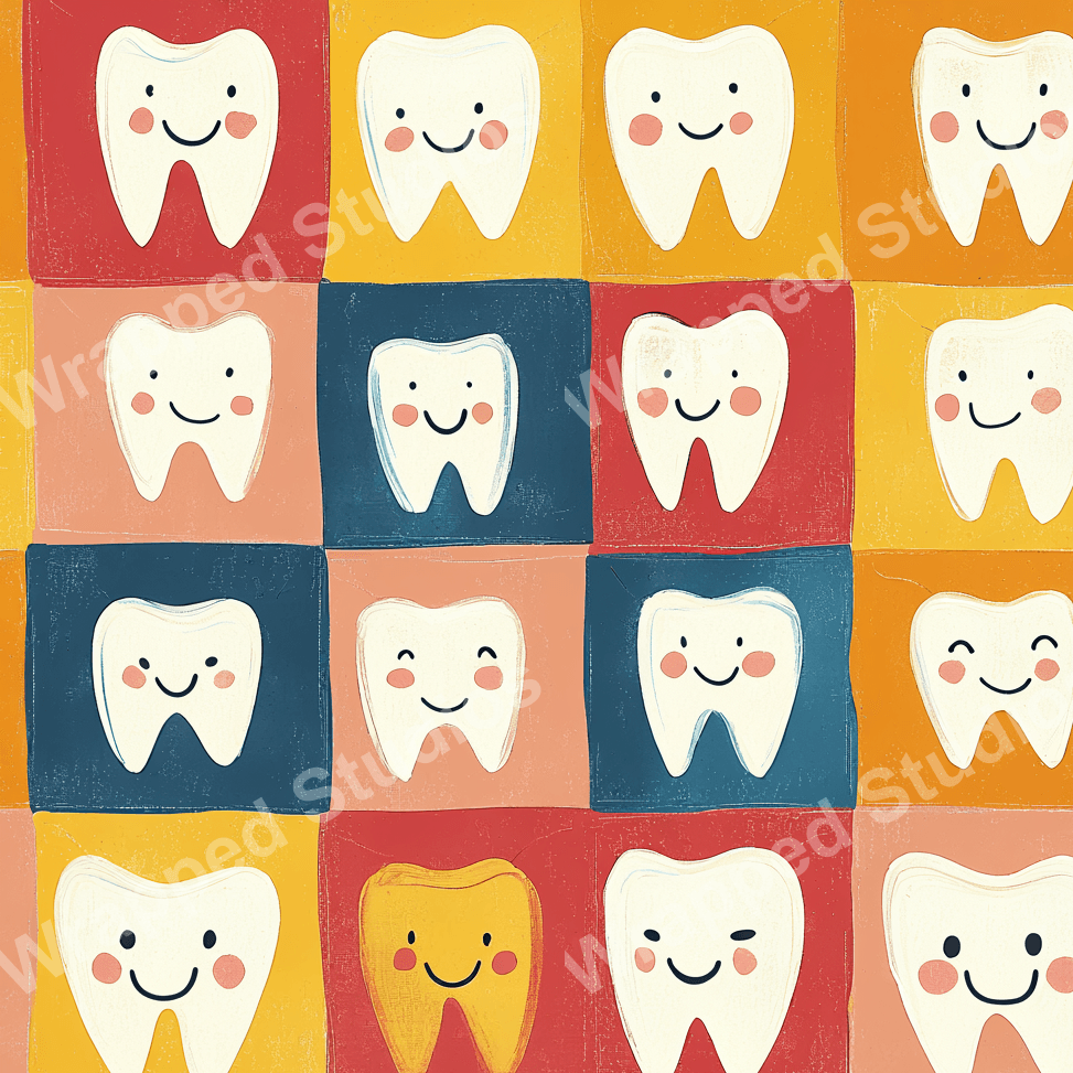 Playful pattern with smiling teeth on colorful squares in shades of red, blue, and yellow.
