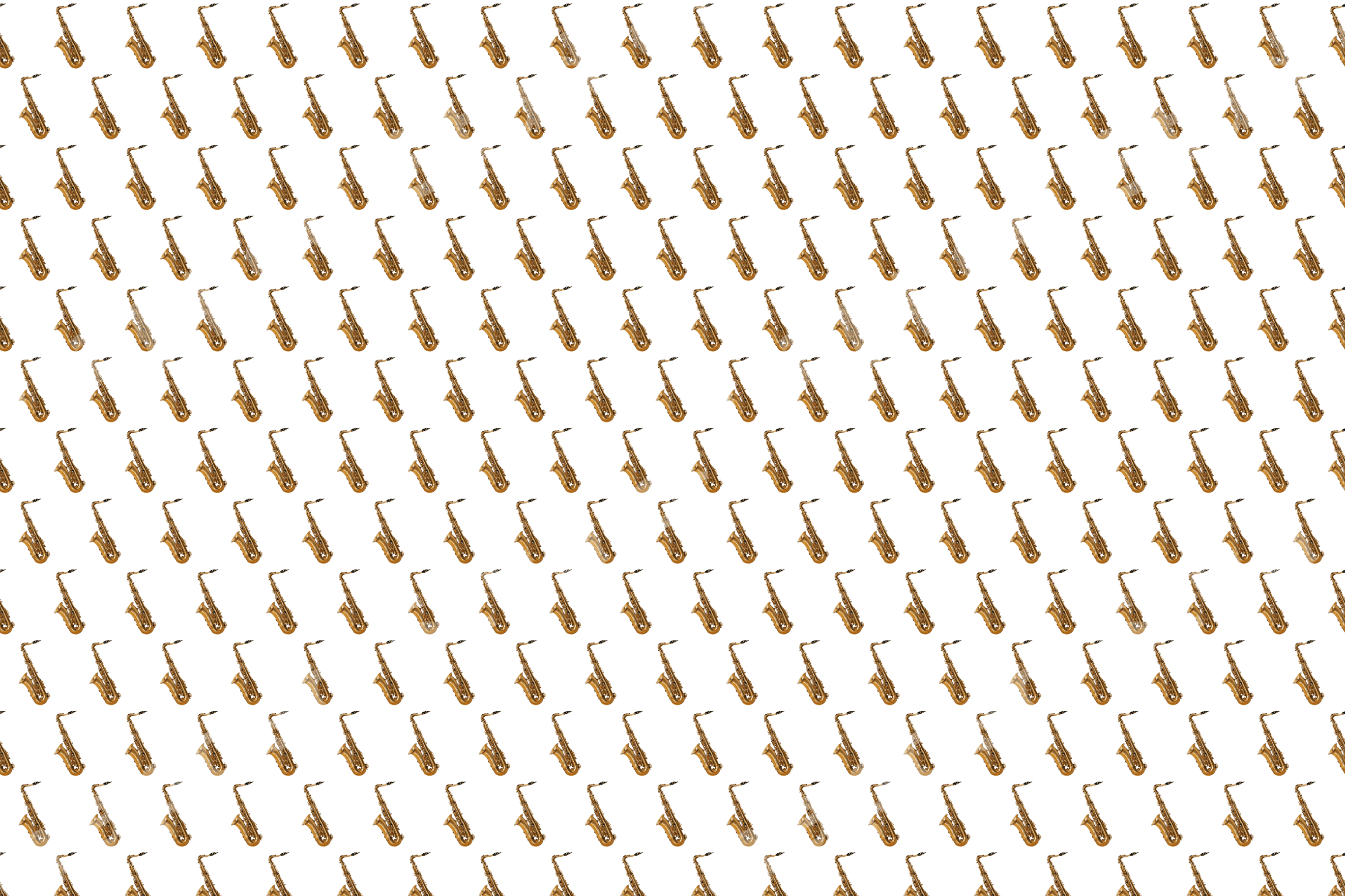 Seamless music pattern with repeating golden brass saxophones on a white background.