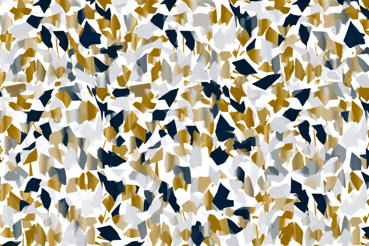 Modern abstract print with gold, navy, and white geometric terrazzo-style shards in a seamless pattern.