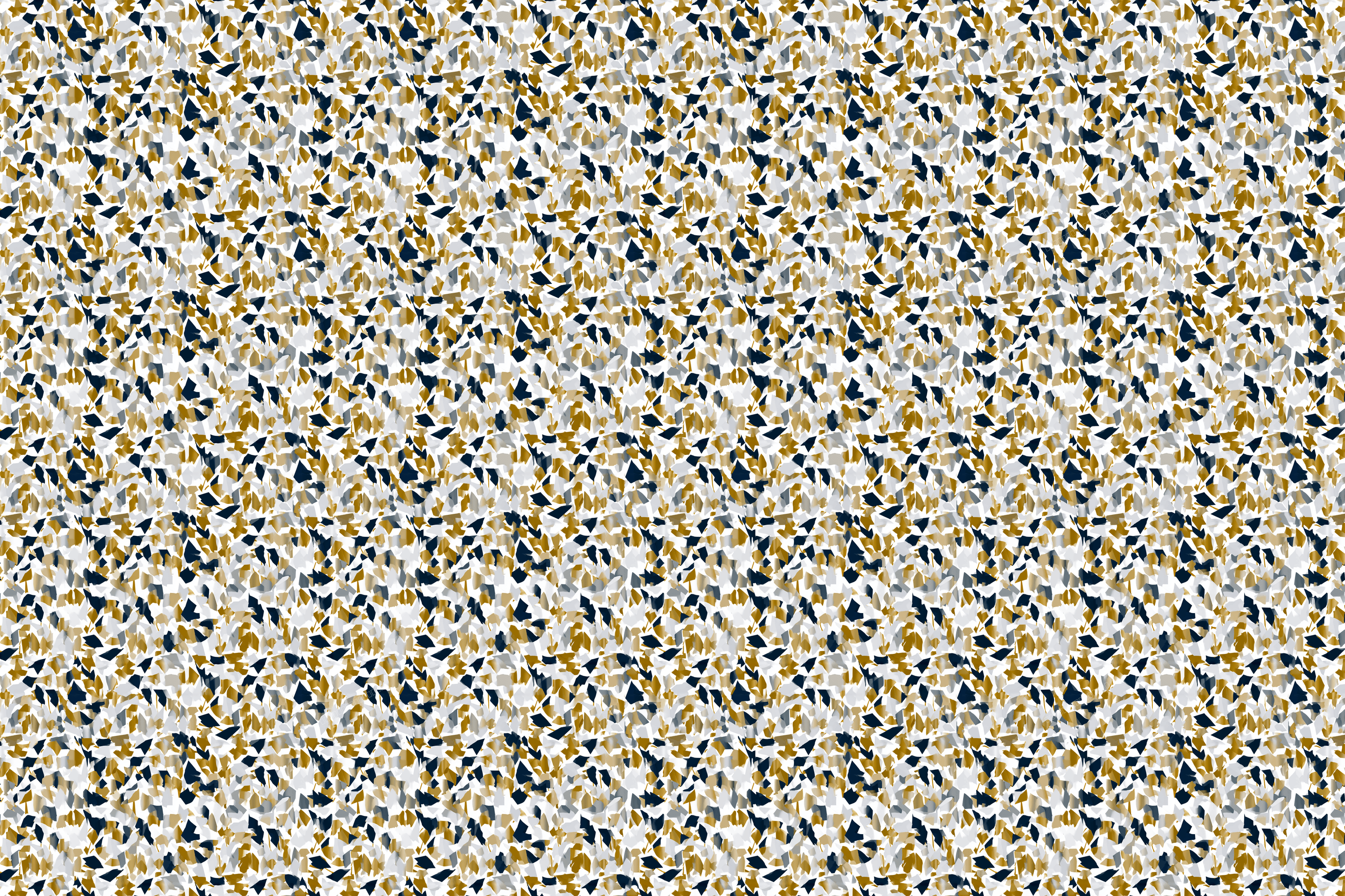 Modern abstract terrazzo pattern with gold, navy, and light gray stone fragments on a white background.
