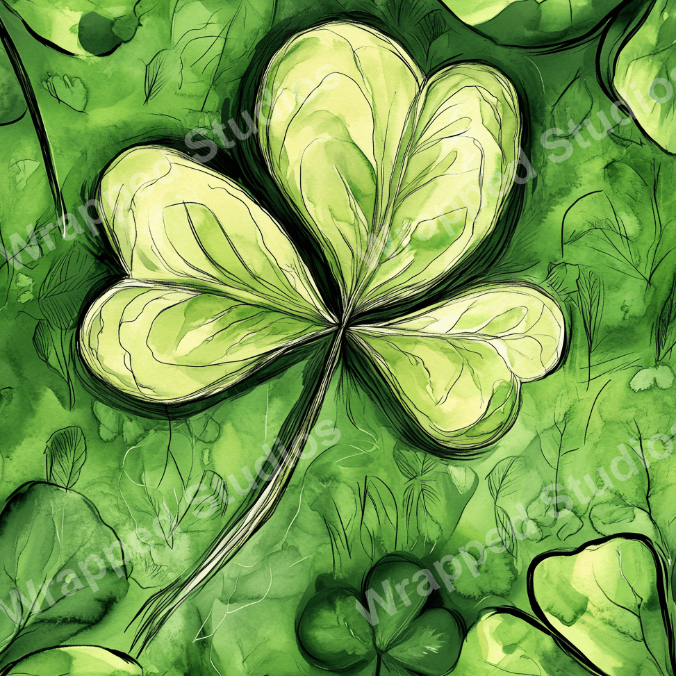 Watercolor shamrock pattern in shades of green, with an organic and illustrative style.