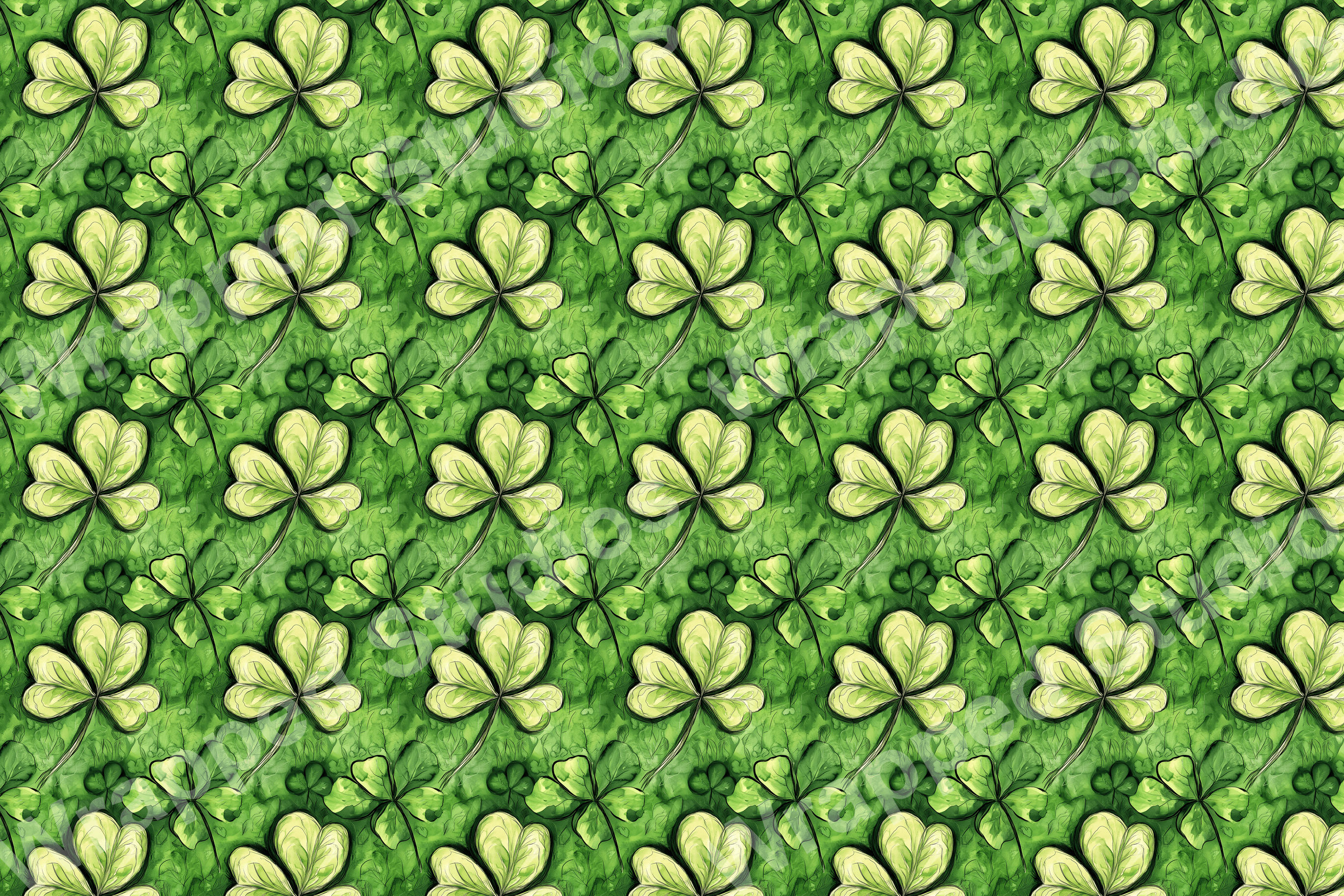 All-over lucky shamrock pattern in shades of green; a modern floral design.