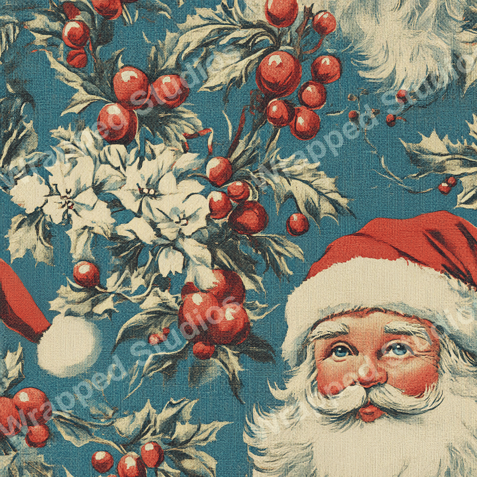 Vintage Christmas pattern with Santa, holly leaves, white poinsettias, and red berries on a teal background.