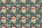 Vintage holiday pattern with Santa portraits, red berries, foliage, and poinsettias on a teal background.