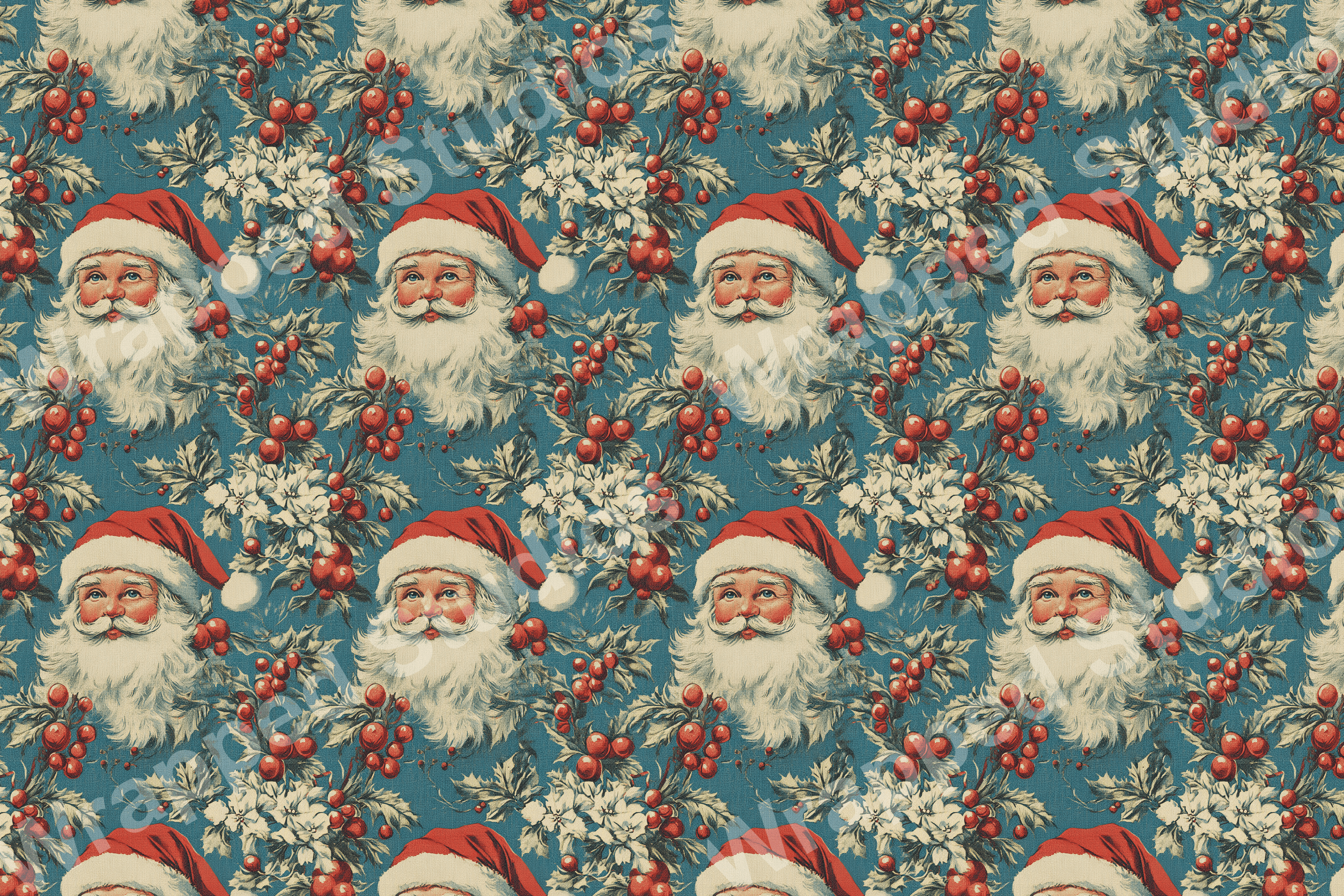 Vintage holiday pattern with Santa portraits, red berries, foliage, and poinsettias on a teal background.