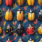 Whimsical insect pattern with colorful beetle motifs, botanical sprigs, and a dark blue background.