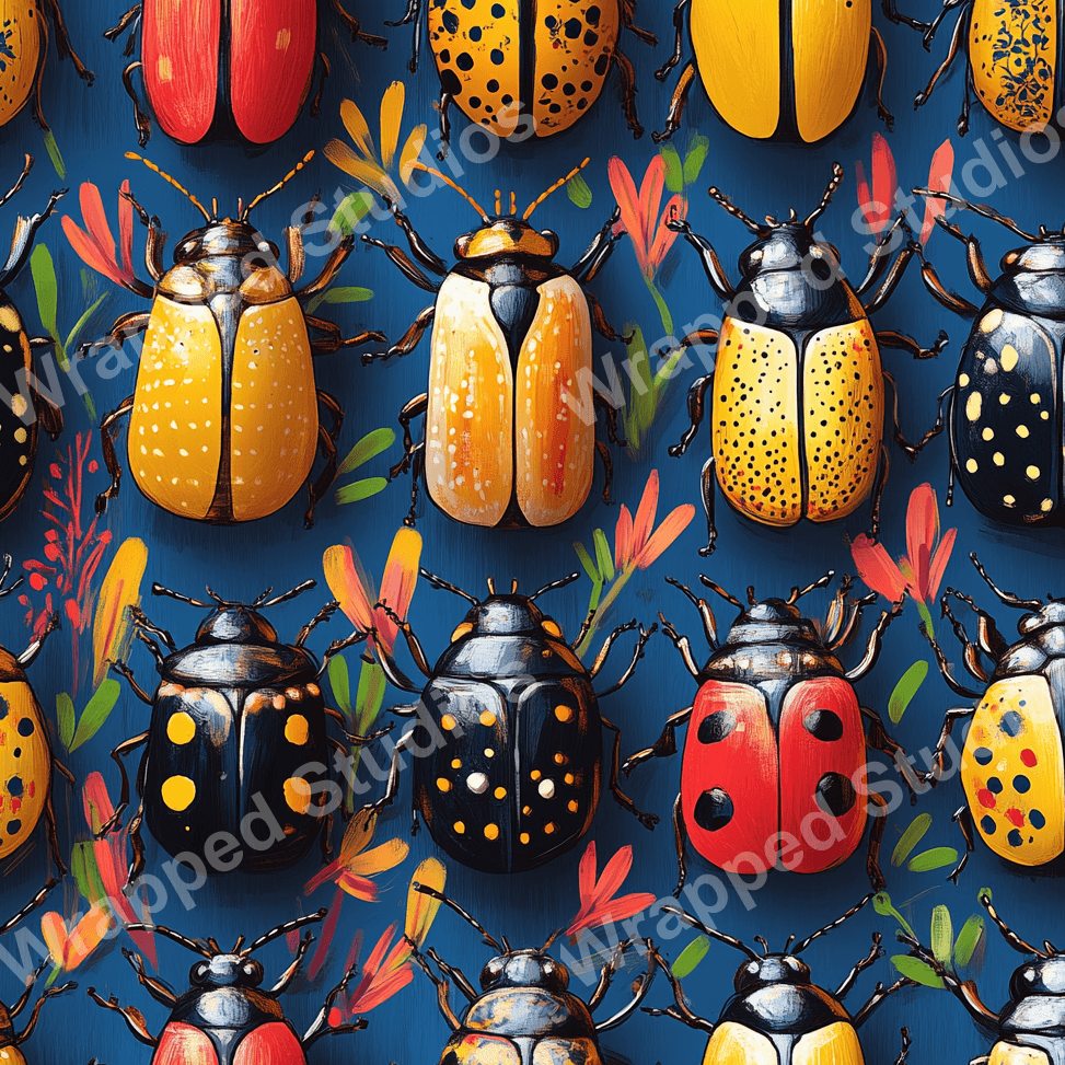 Whimsical insect pattern with colorful beetle motifs, botanical sprigs, and a dark blue background.