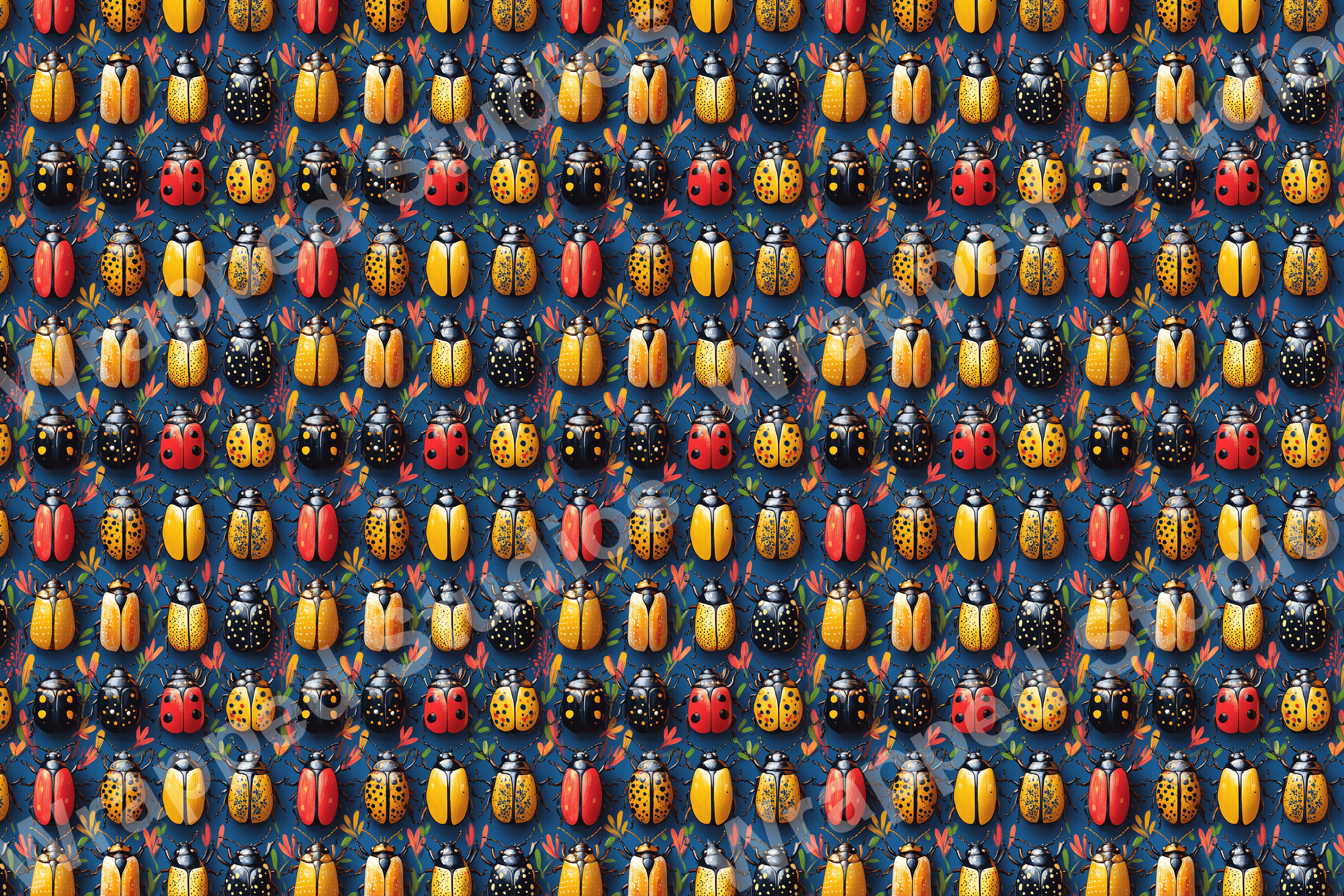 Colorful beetle pattern with black, yellow, and red insects on a deep blue background.