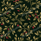 Classic holly berry pattern with gold leaves on a dark green background.