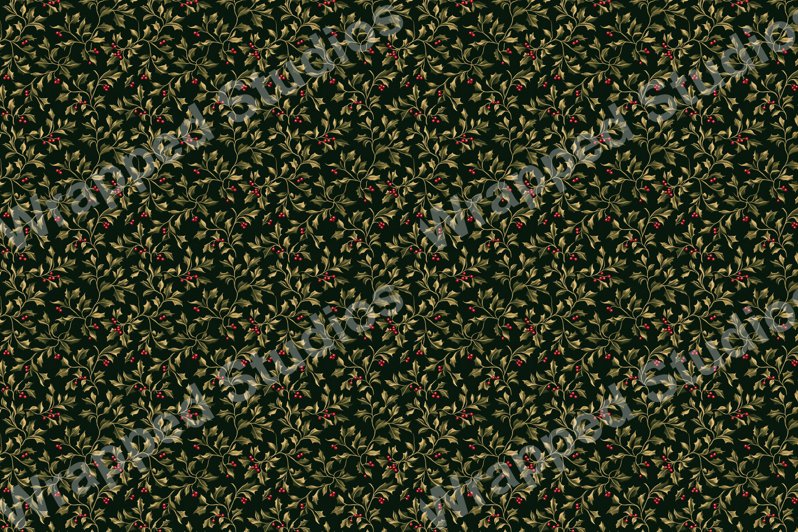 Dark vintage botanical design with gold-toned holly leaves and red berries pattern.