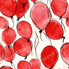 Festive seamless pattern of red watercolor balloons with black outlines.