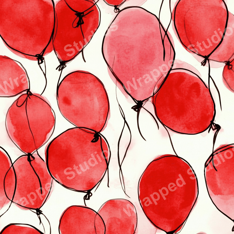Festive seamless pattern of red watercolor balloons with black outlines.