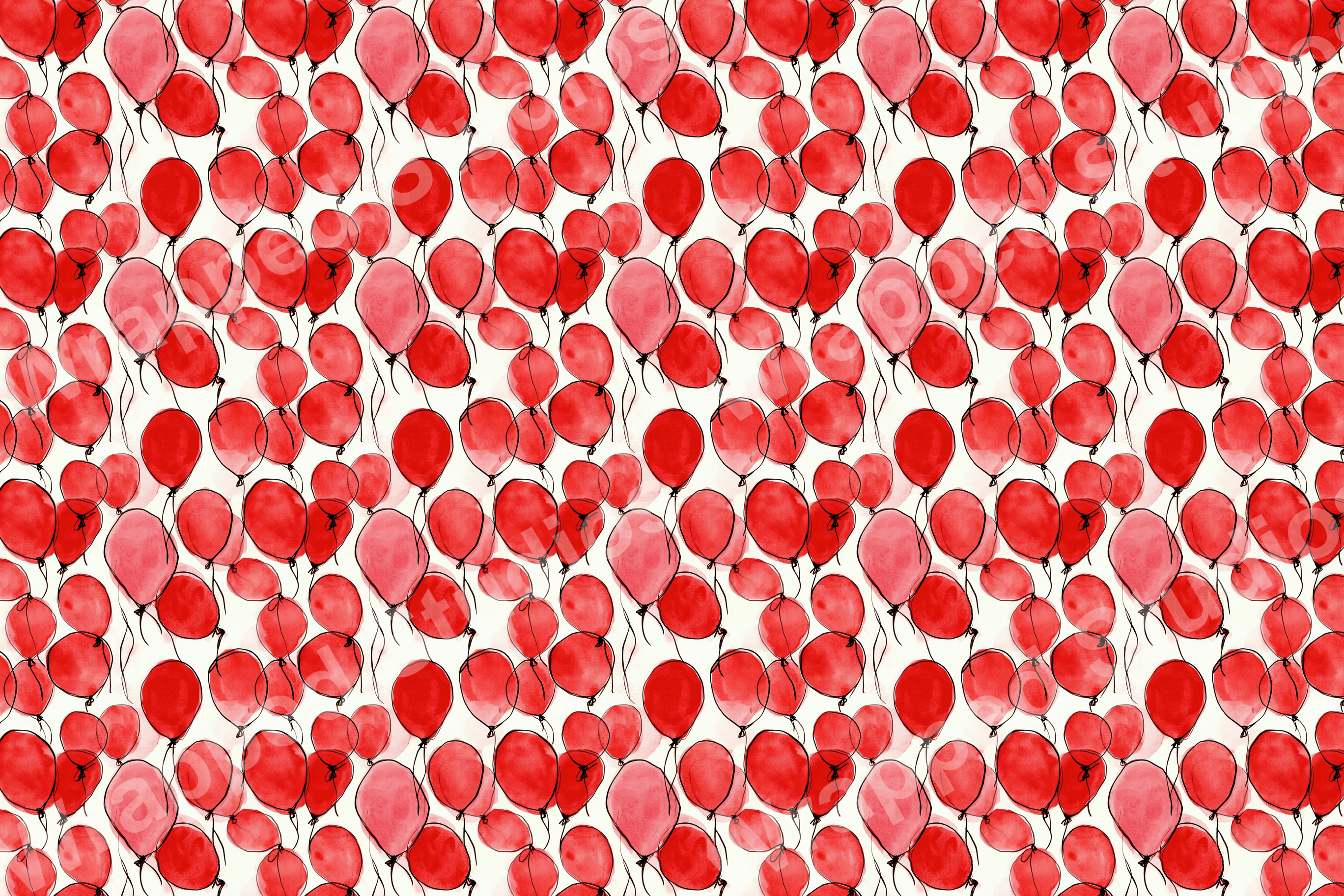 Seamless pattern of playful red balloons with string accents on a white background.
