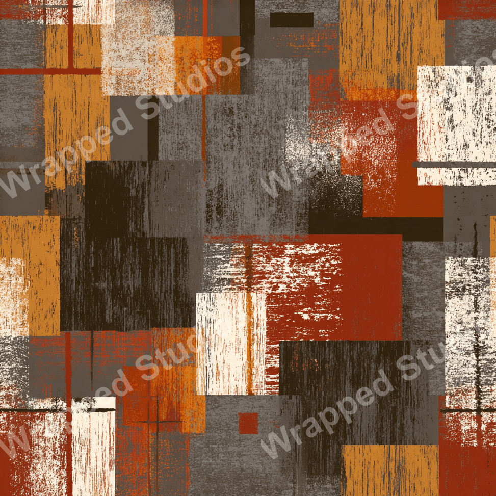 Modern abstract pattern with textured geometric shapes in orange, brown, red, and gray tones.