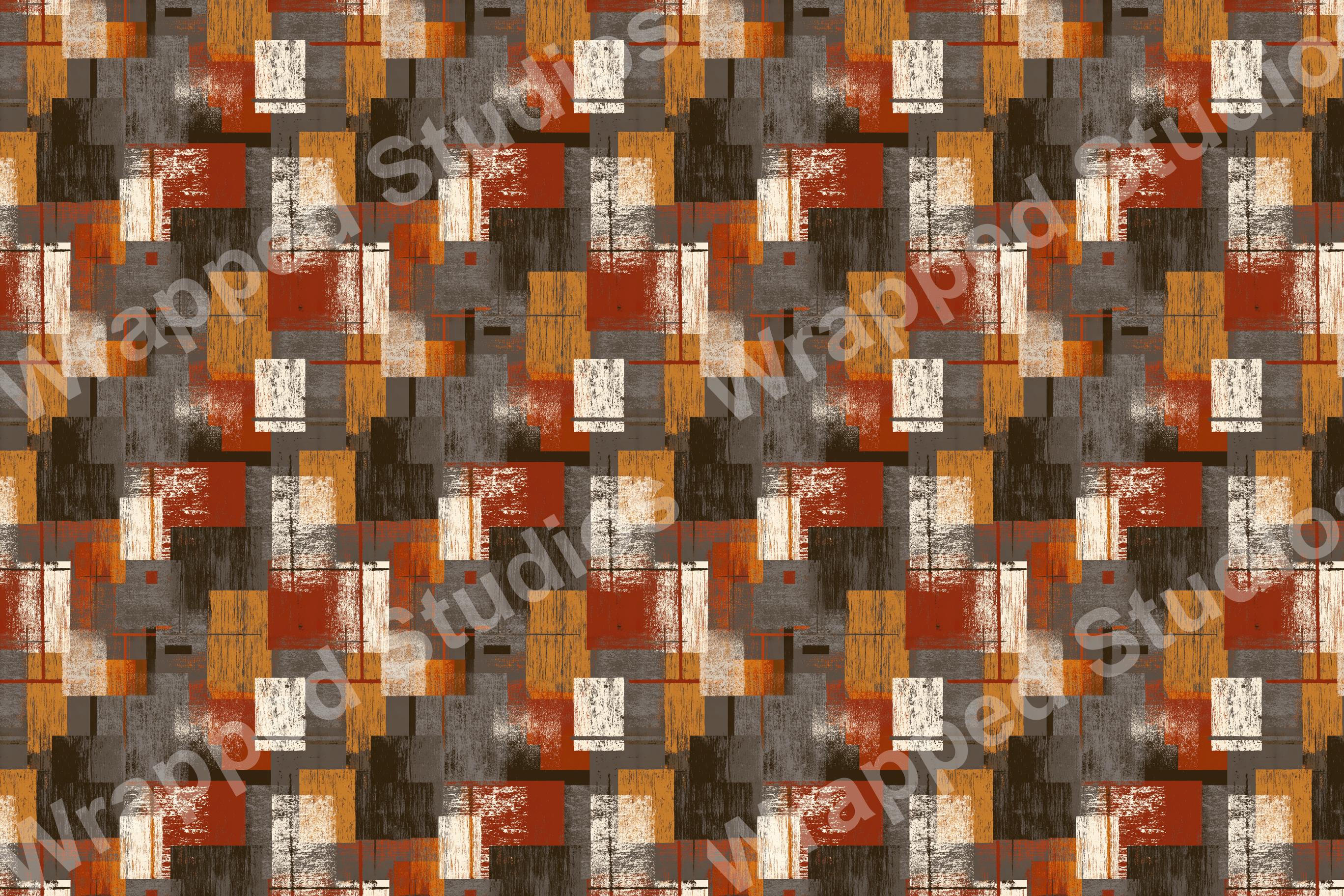 Abstract geometric pattern with painted rectangles in brown, rust, gold, and beige hues.