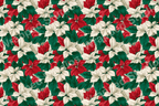 Red and white poinsettia floral pattern with dark green leaves creates a festive botanical design.
