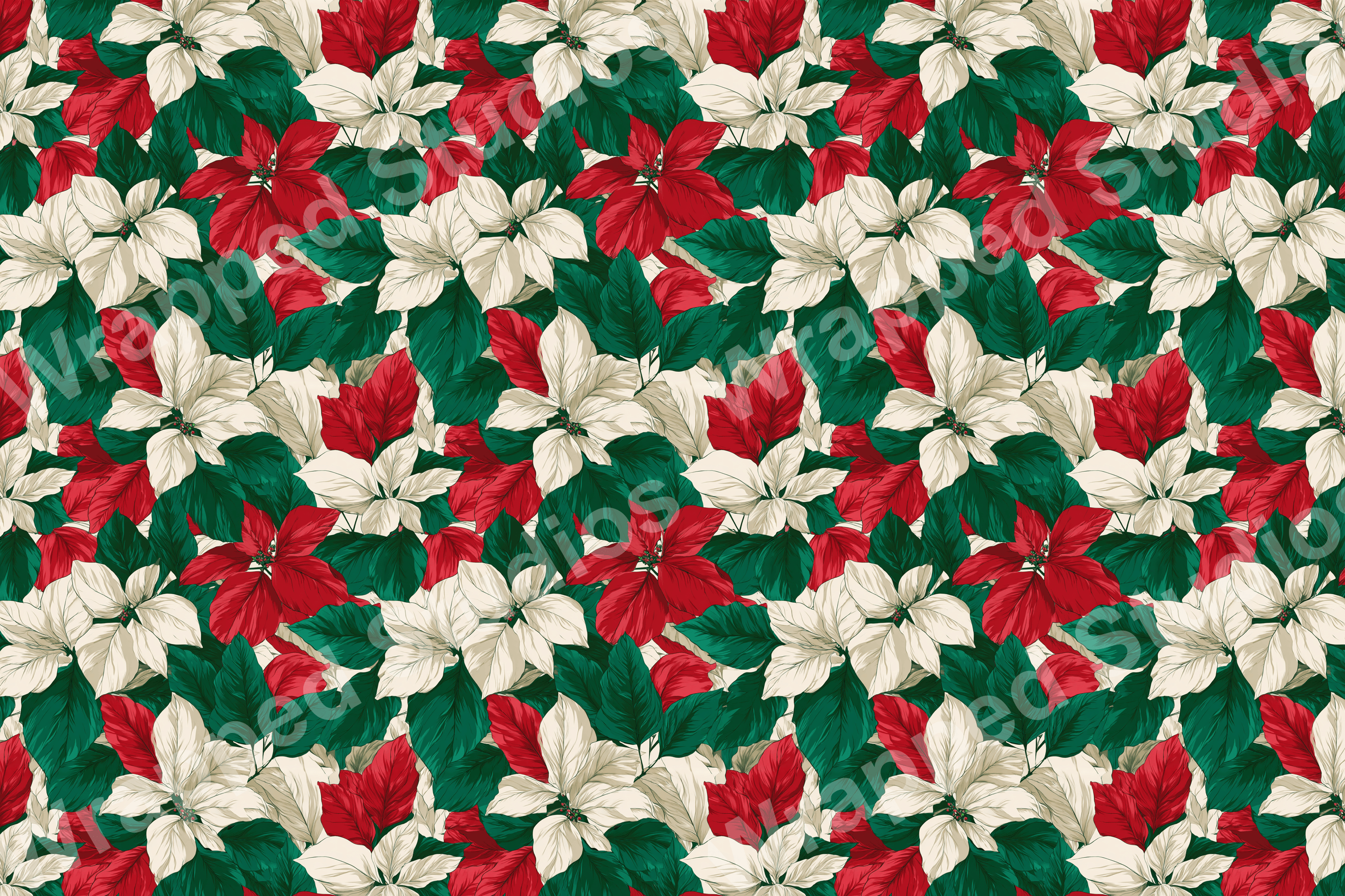 Red and white poinsettia floral pattern with dark green leaves creates a festive botanical design.