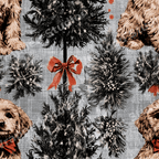 Vintage Christmas dog pattern featuring goldendoodles, pine trees, and red bows on a rustic gray background.