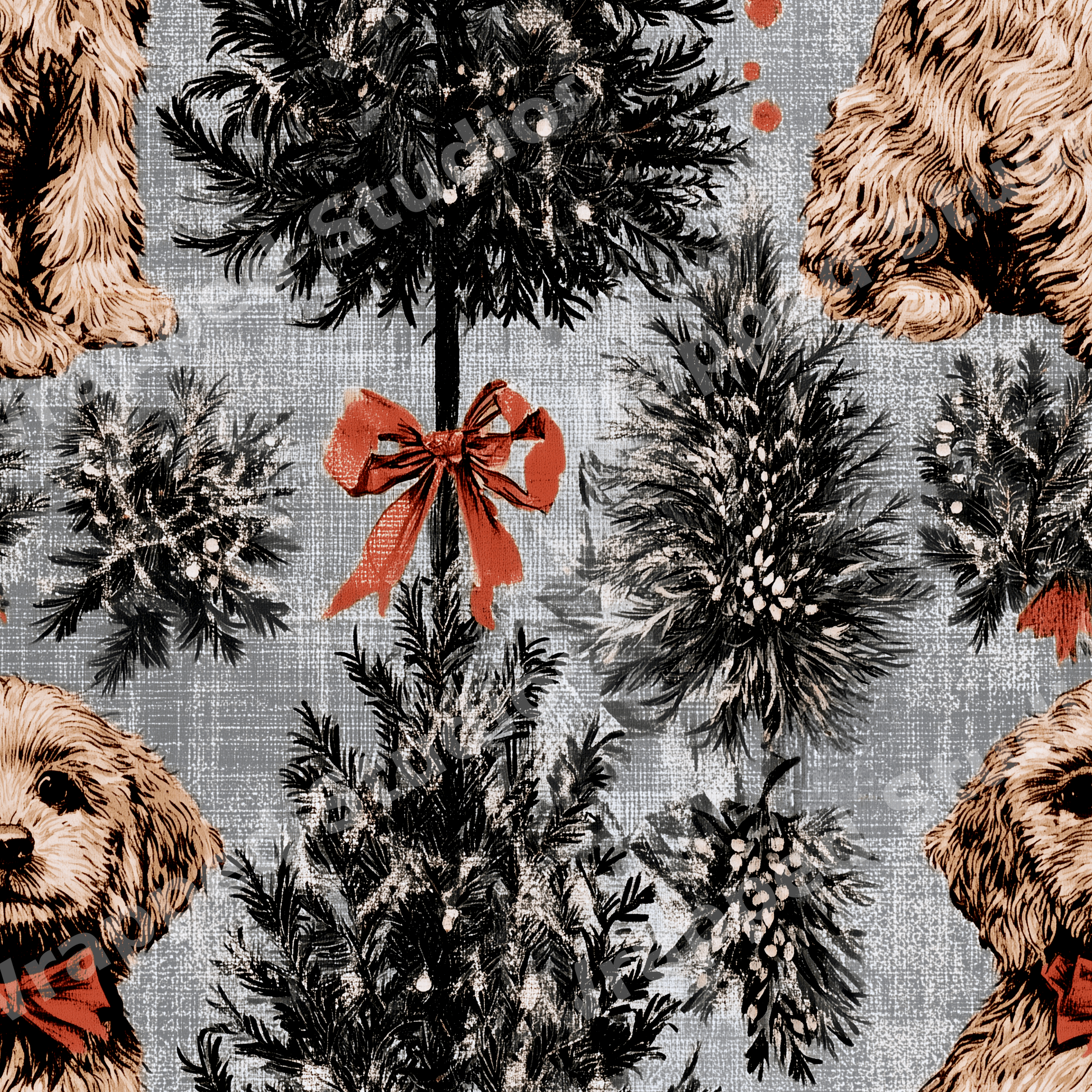 Vintage Christmas dog pattern featuring goldendoodles, pine trees, and red bows on a rustic gray background.