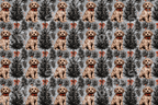 Vintage holiday pattern with golden doodle puppies in red bowties and Christmas pine trees on a grey background.