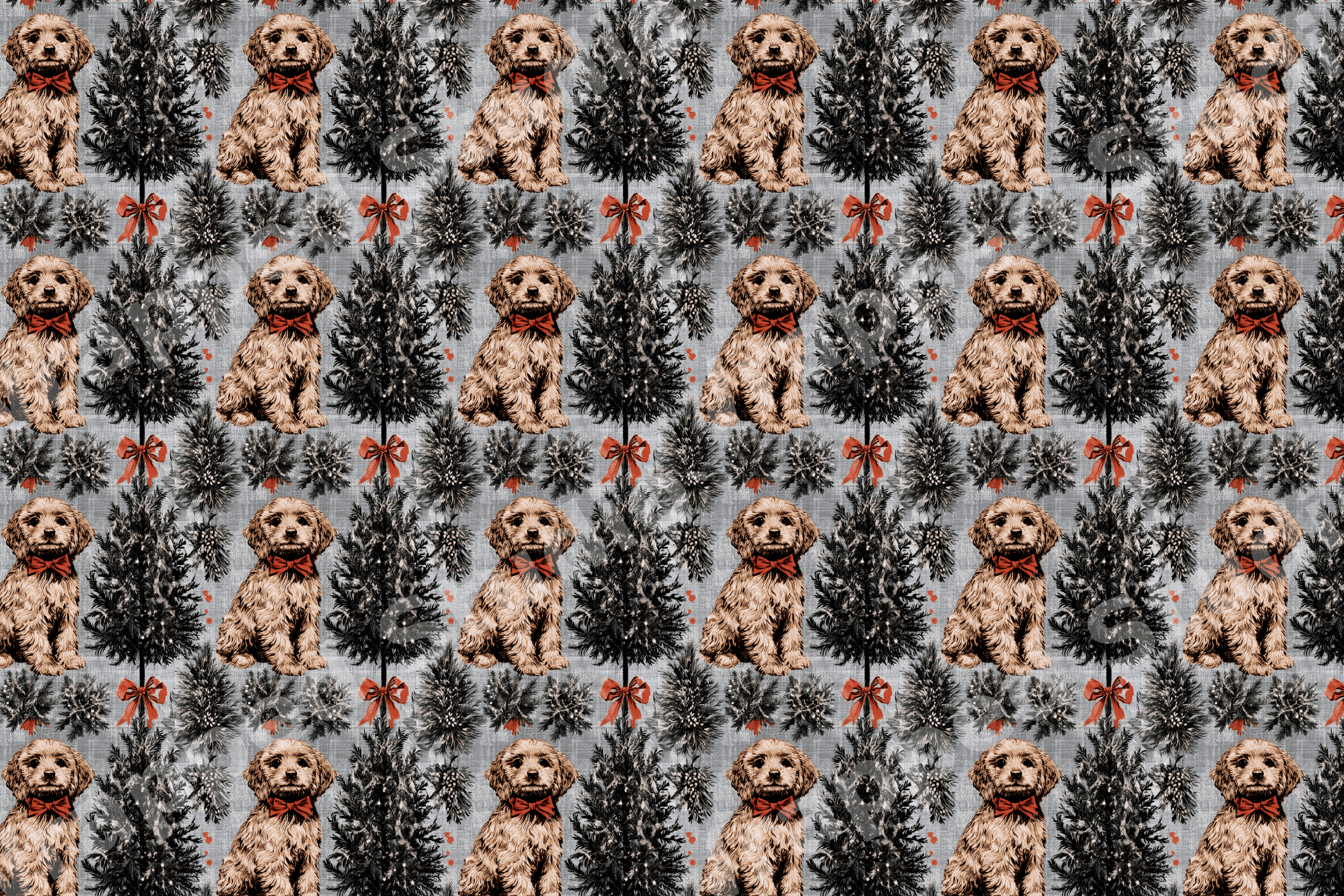 Vintage holiday pattern with golden doodle puppies in red bowties and Christmas pine trees on a grey background.