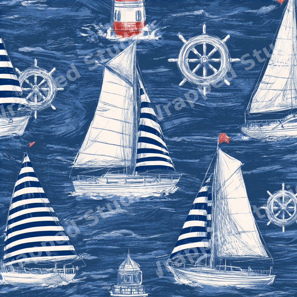 Vintage nautical pattern with hand-drawn sailboats, lighthouses, and ship wheels on a textured navy blue sea.