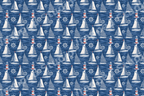Vintage nautical pattern featuring sketched sailboats, red lighthouses, and ship wheels on navy blue.