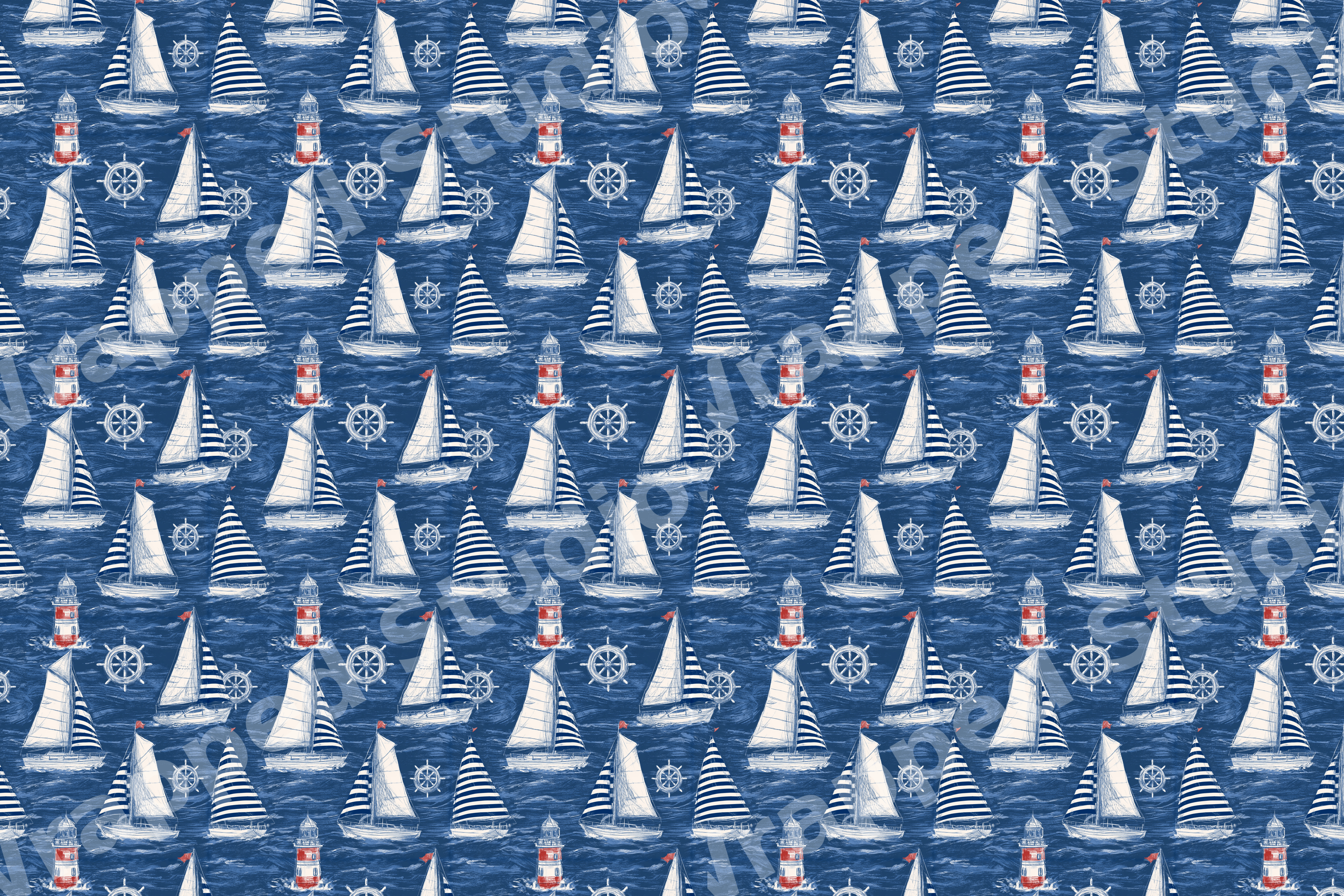 Vintage nautical pattern featuring sketched sailboats, red lighthouses, and ship wheels on navy blue.