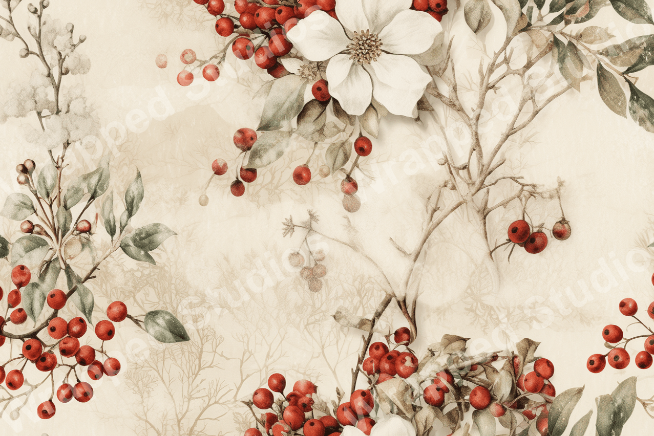 Elegant floral pattern with red berries, white flowers, and muted foliage on a cream background.