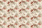 Vintage floral pattern with red berries, white flowers, and neutral leaves on a beige background.
