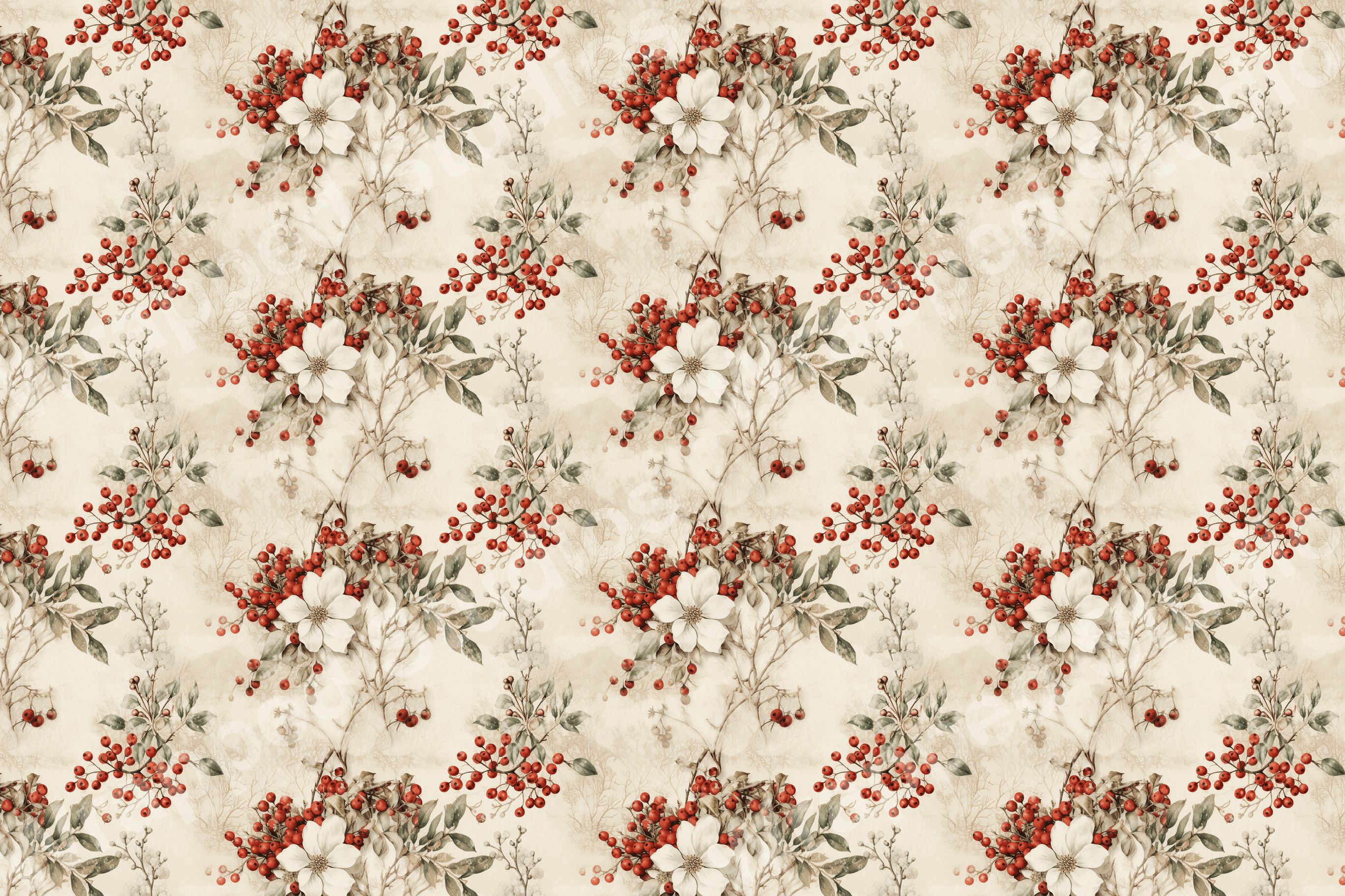 Vintage floral pattern with red berries, white flowers, and neutral leaves on a beige background.