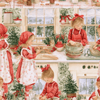 Vintage watercolor Christmas pattern of little girls baking in a cozy holiday kitchen.