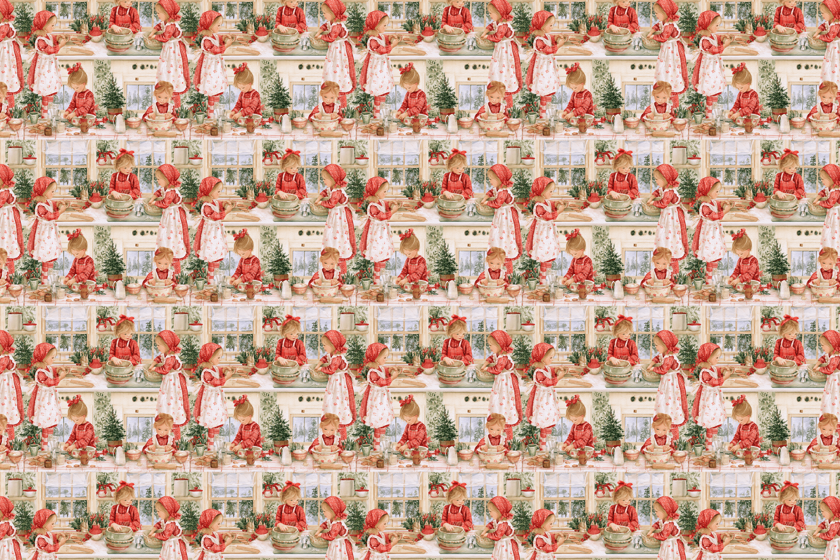 Vintage Christmas kitchen pattern with nostalgic watercolor illustrations of children baking holiday treats.