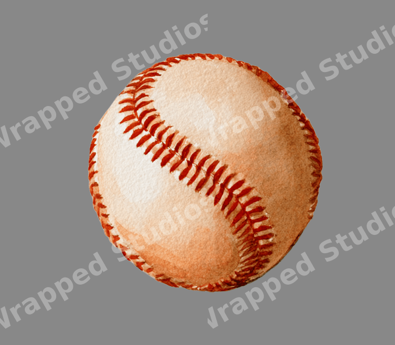 Watercolor baseball illustration with classic red stitching for vintage sports-themed pattern designs.