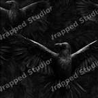 Gothic black raven seamless pattern featuring detailed crows in flight with outstretched wings.