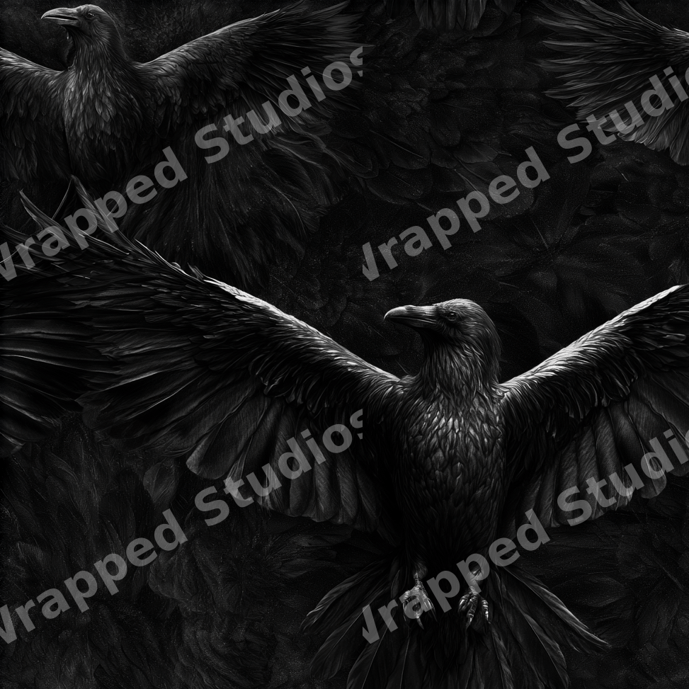 Gothic black raven seamless pattern featuring detailed crows in flight with outstretched wings.