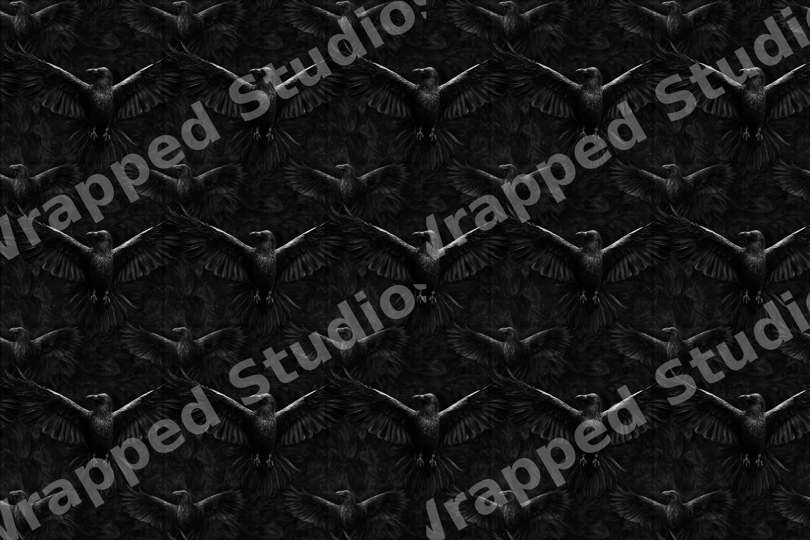 Seamless gothic raven pattern featuring detailed black crows with outstretched wings on a dark background.