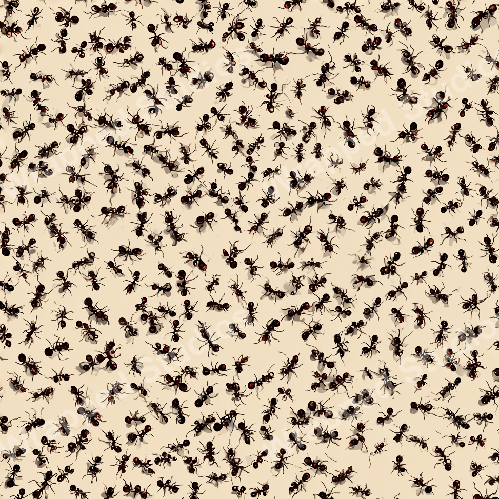 Seamless insect pattern with tiny ants in dark red and black on a pale background.