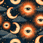 Celestial pattern with vintage mystical suns, crescent moons, and stars on a dark navy background.